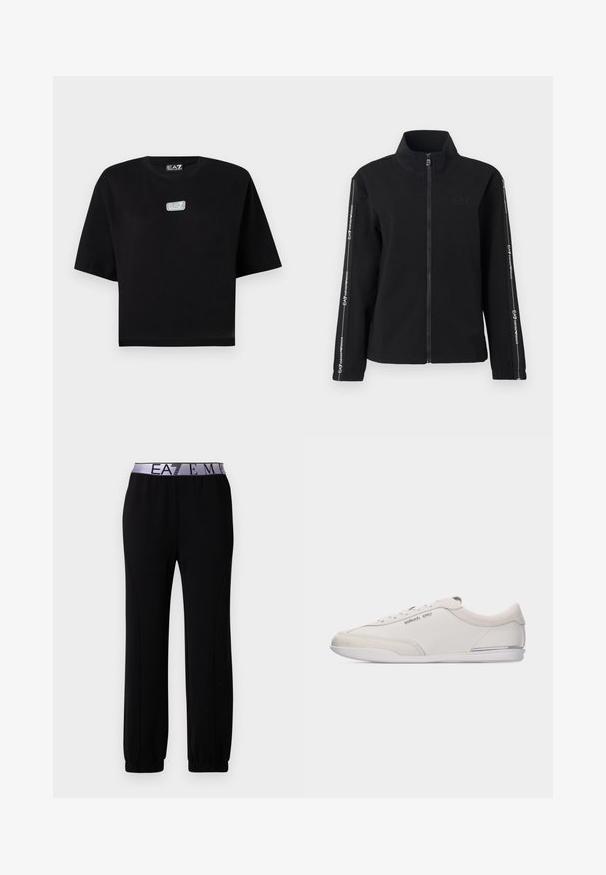 Veste zippée noire en tissu doux, dotée d'un col montant, d'un logo sur la poitrine et de rayures contrastantes avec du texte le long des manches.; T-shirt noir court à manches courtes avec un petit logo EA7 Emporio Armani gris et blanc sur la poitrine et à l'intérieur de l'encolure.; Pantalon de sport noir en tissu doux, doté d'une large ceinture élastique avec le logo "EA7", de poignets resserrés et d'une texture lisse.; Baskets basses blanc cassé et beige à lacets, avec des détails en cuir lisse et en daim, arborant un petit logo Michael Kors sur le côté.