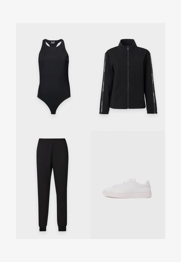 Veste zippée noire en tissu doux, dotée d'un col montant, d'un logo sur la poitrine et de rayures contrastantes avec du texte le long des manches.; Body noir une pièce sans manches avec dos nageur et logo EA7 Emporio Armani subtilement embossé sur la poitrine.; Pantalon jogger noir slim-fit avec ceinture élastique et bas des jambes resserrés, présenté sur un fond clair.; Baskets blanches avec un dessus en cuir lisse, bout rond et semelle en caoutchouc plate. Présente un système de laçage et un logo discret sur le côté.