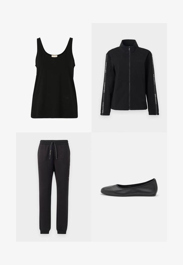 Zwarte zip-up jas van zachte stof, voorzien van een hoge kraag, een logo op de borst en contrasterende strepen met tekst langs de mouwen.; Zwarte mouwloze tanktop van zachte katoen, met een ronde hals en een ontspannen pasvorm, zonder zichtbare patronen of hardwaredetails.; Zwarte joggingbroek van zacht katoen met een elastische tailleband en trekkoord. Voorzien van geribbelde boorden en geborduurde tekst op de zijkant.; Zwarte leren ballerina met een ronde neus, gladde textuur, minimale stikdetails en een flexibele zoolontwerp.