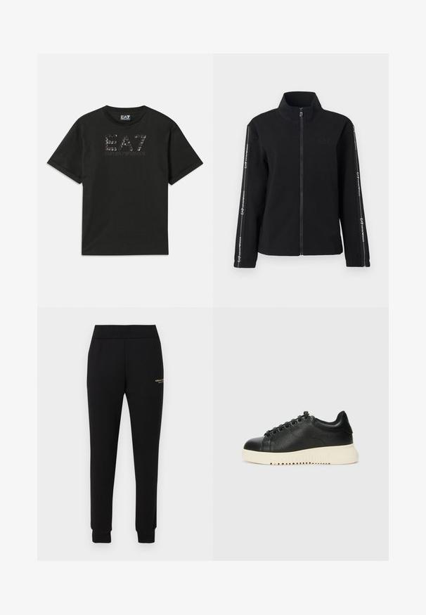 Chaqueta negra con cierre de cremallera hecha de tela suave, con cuello alto, logo en el pecho y franjas contrastantes con texto a lo largo de las mangas.; Camiseta de algodón negra con un diseño de logo texturado en lentejuelas con "EA7" y "EMPORIO ARMANI" impreso en gris en el frente. Manga corta.; Pantalones deportivos negros ajustados con cintura y puños elásticos, con un pequeño logo dorado "Armani Exchange" en el muslo derecho.; Zapatilla negra de cuero con un acabado texturizado, que presenta puntera redonda, seis ojales negros y una suela de goma blanca con ranuras.