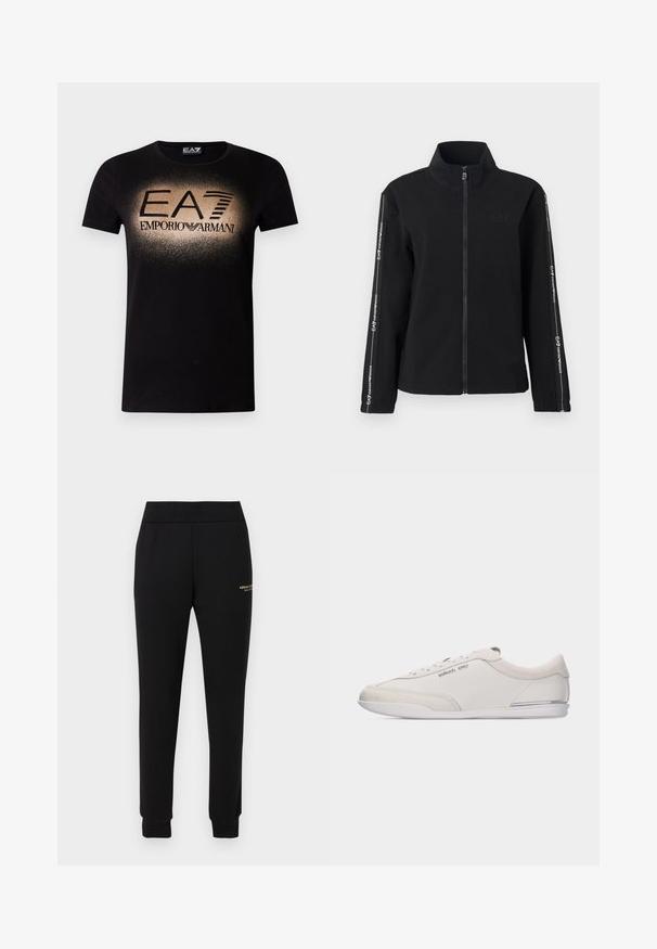 Svart glidelåsjakke laget av mykt stoff, med høy hals, logo på brystet og kontrasterende striper med tekst langs ermene.; Svart bomulls-T-skjorte med et gradient gulllogo-design og teksten "EA7 EMPORIO ARMANI" i fet skrift over brystet. Kortermet.; Svarte smale joggebukser med elastisk midjebånd og mansjetter, med en liten gullfarget "Armani Exchange"-logo på høyre lår.; Lavnøkkel hvit og beige snøresneaker med glatte skinn- og semsket detaljer, med en liten Michael Kors-logo på siden.
