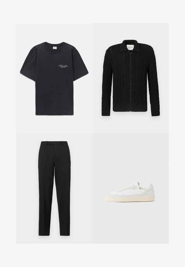 Zwarte gebreide cardigan met ritssluiting, voorzien van een gestructureerd kabelbreipatroon, geribbelde manchetten en een kraag.; Zwarte korte mouwen crew neck t-shirt met klein wit "Filling Pieces" tekstlogo op de linkerborst.; Theory STRAIGHT - Broek - deep black; Witte sneaker met een bovenwerk van gestructureerd suède en leer. Voorzien van een afgeronde neus, vetersluiting en een contrasterende beige rubberen zool.