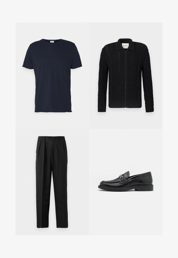 Sort strikket cardigan med lynlåslukning, der har et struktureret kabelstrikket mønster, ribstrikkede ærmegab og en krave.; Marineblå bomulds t-shirt med rund hals og korte ærmer, med en glat tekstur og enkel design, uden synlige mønstre eller accenter.; Sorte plisserede bukser med et skrædderlavet design, fremstillet af glat stof, med knaplukning og lige ben.; Sorte læder loafers med en rund tå, der har guld hardware accent og syningsdetaljer, placeret på en lav, tekstureret gummisål.