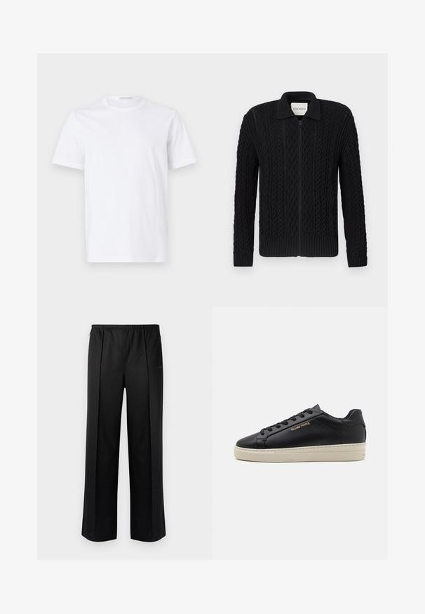 Sort strikket cardigan med lynlåslukning, der har et struktureret kabelstrikket mønster, ribstrikkede ærmegab og en krave.; Hvid bomulds t-shirt med rund halsudskæring og korte ærmer. Glat tekstur, lige snit og minimalistisk design uden mønstre eller accenter.; Les Benjamins Bukser - black; Sorte lædersneakers med en glat finish, kontrasterende cremefarvet sål, rund tå, guld logo på siden og seks huller til snørebånd.