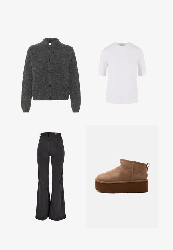 Cardigan gris et duveteux avec un col montant, présentant une fermeture à boutons et des manches longues. Fabriqué à partir d'un matériau doux avec une finition texturée.; T-shirt blanc à manches courtes en coton lisse. Doté d'un col rond et d'une coupe droite, sans motifs ni ornements.; Jean évasé noir avec une texture lisse, taille haute et un patch de marque à l'arrière. Dispose d'un design à jambe large et d'une coutures renforcées.; Bottine marron en daim de hauteur moyenne, style slip-on, avec une semelle épaisse compensée et un onglet à l’arrière sur fond clair.