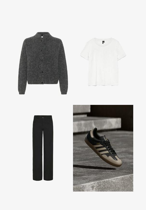 Cardigan gris et duveteux avec un col montant, présentant une fermeture à boutons et des manches longues. Fabriqué à partir d'un matériau doux avec une finition texturée.; T-shirt blanc à manches courtes avec un col rond, fabriqué en tissu léger. Design simple, texture lisse et ourlet droit.; Pantalons larges noirs en denim avec une texture lisse. Comprend des poches avant, une fermeture à bouton et des passants de ceinture.; Baskets en cuir noir et beige avec trois bandes blanches, semelle en caoutchouc beige et détail en or "Samba" sur le côté.