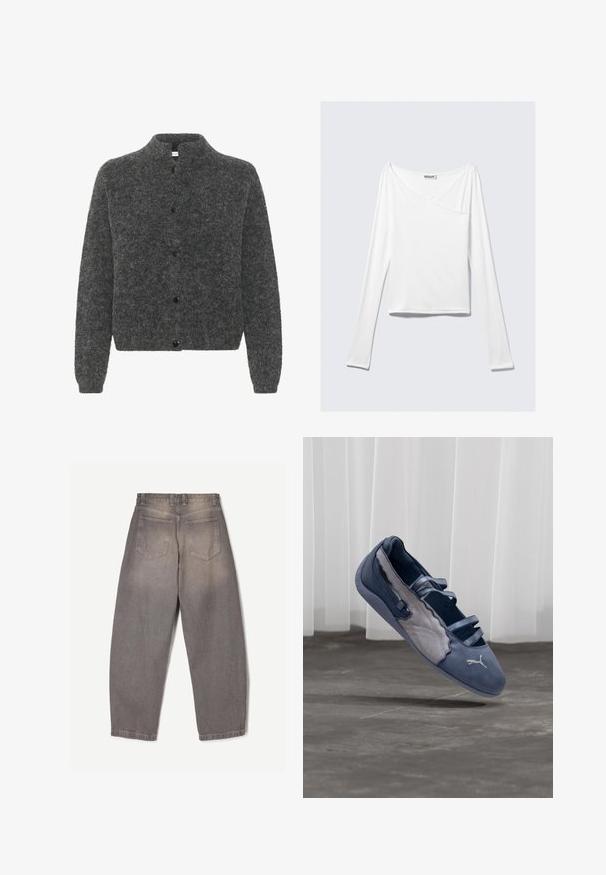 Grijze, donzige cardigan met een staande kraag, voorzien van een knoopsluiting en lange mouwen. Gemaakt van zacht materiaal met een gestructureerde afwerking.; Witte long-sleeve top met een crossover ontwerp en een zak. Gemaakt van een gladde, rekbare stof. Geknipt in een casual, relaxte pasvorm.; Grijze denim jeans van achteren gezien met twee achterzakken, riemlussen en een licht taps toelopende pijp.; Blauwe en grijze Puma platte schoen met drie elastische bandjes, een gestructureerd zijpaneel en een wit Puma-logo, zwevend boven een betonnen vloer.