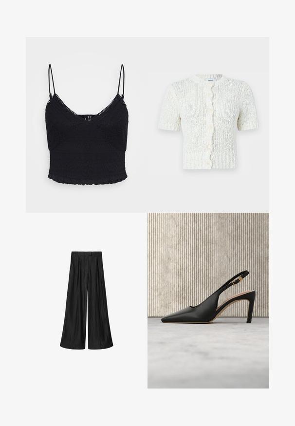 Hvid kortærmet strikket cardigan med rund hals og knapper foran, med en tekstureret, kraftig strikket mønster.; Sort crop-top med justerbare spaghetti-stropper, med tekstureret blonder og en bølget kant.; Sorte brede bukser med høj talje, bæltestropper og forreste læg, vist fladt på hvid baggrund.; Sort læder slingback højhælede sko med spids tå, justerbar guldbuckle-rem og beige indersål.
