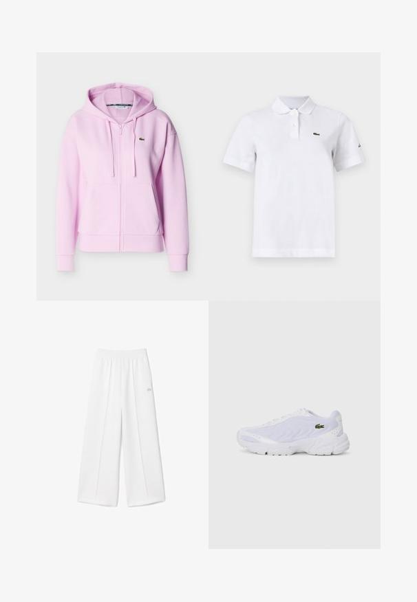 Lyserød zip-up hættetrøje med snoretræk, kængurulommer, ribbet manchetter og et lille grønt krokodillelogo på brystet.; Hvid polo-shirt med korte ærmer med to knapper, en lille grøn krokodille-logo på venstre bryst og et diskret sort logo på venstre ærme.; Hvide bukser med brede ben, elastisk taljebånd, blød stoftekstur, centralt plissering og et lille Lacoste-logo broderet på siden.; Hvide atletiske sko med mesh-overdel, tekstureret design og polstret krave. Har grønt logo på siden og polstret sål for komfort.