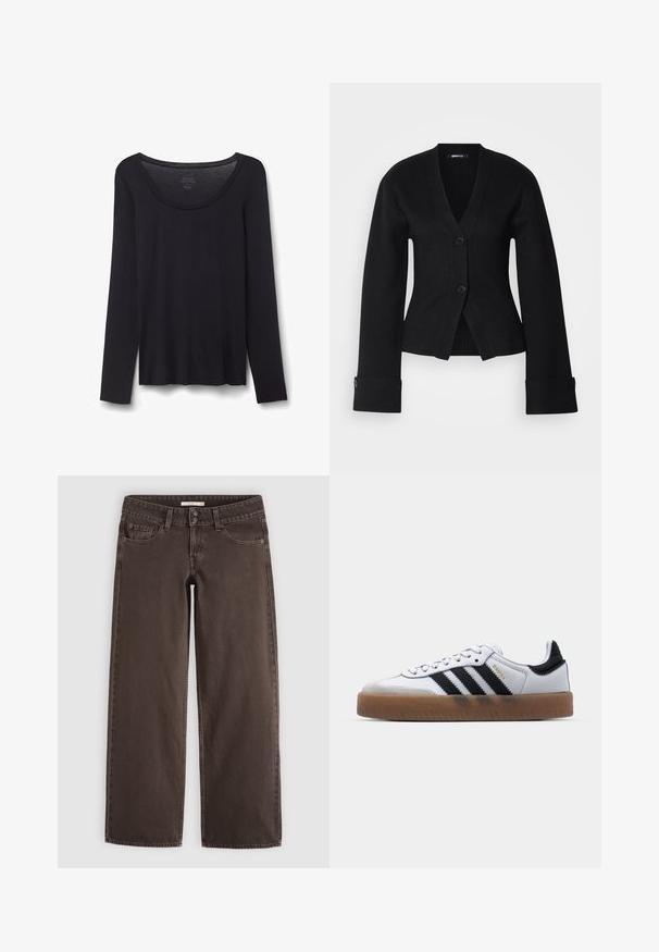 Sort cardigan med dyb V-udskæring, to knapper og brede ærmer. Stoffet ser glat ud, med en tætsiddende design og skræddersyede manchetter.; Sort let bomuldsskjorte med lange ærmer og rund halsudskæring, størrelse small, lagt fladt på hvid baggrund.; Brune straight-leg denim jeans med forlommer, møntlomme, bæltestropper og dobbelte knapper i taljen.; Hvide lædersneakers med sorte striber, gummirubber sål, rund tå, snørelukning og blød grå ruskinds tåhætte.