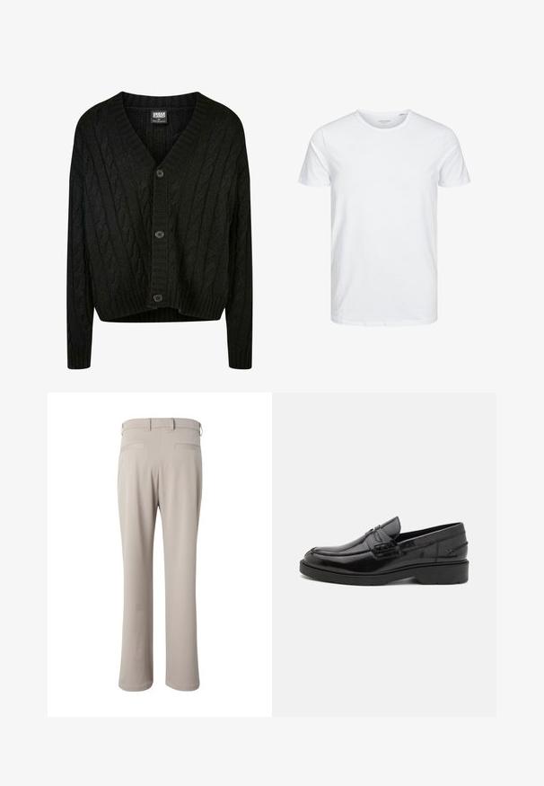 Cárdigan negro de punto trenzado con escote en V, mangas largas y cinco botones marrones en la parte frontal. Cuenta con acentos de canalé y un dobladillo corto.; Camiseta de manga corta y cuello redondo en blanco sólido, fabricada en algodón suave, presenta un diseño simple sin patrones ni acentos visibles.; Pantalones beige de corte recto mostrados por detrás, con trabillas para cinturón y dos bolsillos de vivo en la cintura.; Mocasines de cuero negro con un acabado suave, punta redondeada, tacón bajo y costura decorativa en la parte delantera. Suela de goma para mayor agarre.