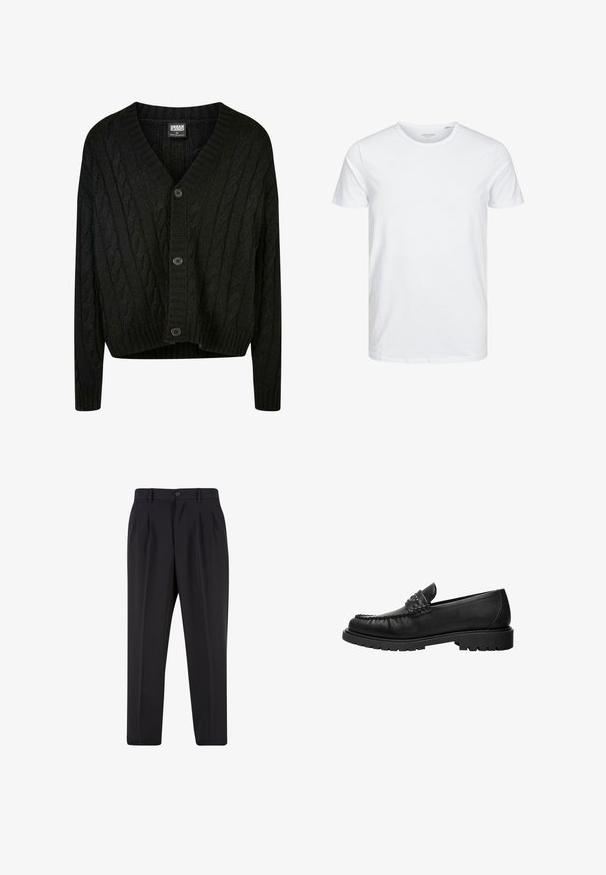 Cardigan en tricot noir à maille torsadée avec un col en V, des manches longues et cinq boutons marron sur le devant. Présente des accents côtelés et un ourlet court.; T-shirt à col rond à manches courtes de couleur blanche unie, fabriqué en coton doux, avec un design simple sans motifs ni accents visibles.; Pantalon noir sur mesure avec plis à l'avant, passants pour ceinture et fermeture par bouton à la taille.; Mocassin en cuir noir avec dessus cousu, détail de bride cloutée et semelle épaisse à crampons, présenté en profil latéral sur fond blanc.