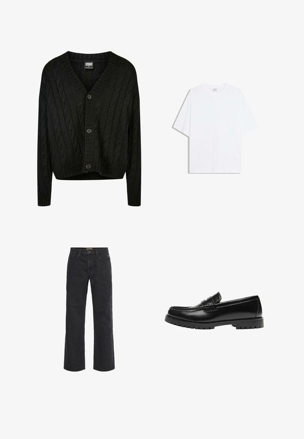 Schwarze Kabelstrick-Cardigan mit V-Ausschnitt, langen Ärmeln und fünf braunen Knöpfen auf der Vorderseite. Mit Rippdetails und einem verkürzten Saum.; Weißes, übergroßes Baumwoll-T-Shirt mit rundem Ausschnitt und kurzen Ärmeln; glatte Textur, keine sichtbaren Muster oder Akzente.; Schwarze Denim-Hosen mit weitem Bein, Knopfverschluss, fünf Taschen und einer leicht verblassten Oberfläche. Gerader Schnitt von der Taille bis zum Saum.; Schwarzer Leder-Slipper mit dicker Gummisohle und klassischem Penny-Detail an der Riemen, von der Außenseite gezeigt.