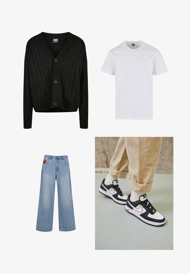 Sort kabelstrik cardigan med V-hals, lange ærmer og fem brune knapper foran. Har ribbede detaljer og en cropped kant.; Hvid bomulds t-shirt med rund halsudskæring, korte ærmer og en afslappet pasform. Glat tekstur uden synlige mønstre eller detaljer.; Lyseblå vide jeans med høj talje og en lille farverig vævet detalje, der stikker frem fra den højre forlommer.; Sorte og hvide Nike Air Force 1 sneakers med læderoverdel, perforeret tå og tekstureret såldetalje, båret med rullede beige bukser og hvide sokker.