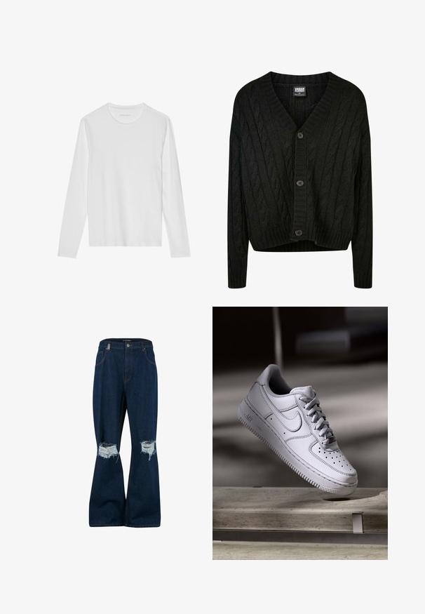 Sort kabelstrik cardigan med V-hals, lange ærmer og fem brune knapper foran. Har ribbede detaljer og en cropped kant.; Langærmet hvid T-shirt lavet af blød bomuld, med rund halsudskæring og en glat tekstur uden synlige mønstre eller accenter.; 2Y Studios ANDUIN RIPPED BAGGY - Baggy jeans - raw; Hvid læder Nike Air Force 1 sneaker med perforeret tå, flade snørebånd og tekstureret gummisål med "AIR" branding på siden.