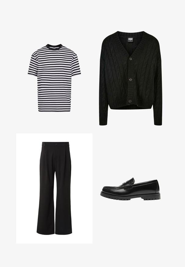 Schwarze Kabelstrick-Cardigan mit V-Ausschnitt, langen Ärmeln und fünf braunen Knöpfen auf der Vorderseite. Mit Rippdetails und einem verkürzten Saum.; Schwarz-weißer, horizontal gestreifter Kurzarm-T-Shirt mit schwarzem Kragen, von Urban Classics, Größe M.; Schwarze Hosen mit weitem Bein, vorderen Falten, einem mit Knöpfen verschlossenen Bund und Gürtelschlaufen, vor weißem Hintergrund gezeigt.; Schwarzer Leder-Slipper mit dicker Gummisohle und klassischem Penny-Detail an der Riemen, von der Außenseite gezeigt.