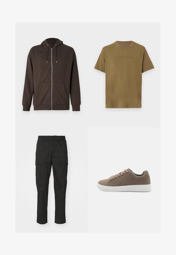 Sweat à capuche marron avec fermeture éclair, capuche à cordon, poches frontales, poignets côtelés et texture de tissu doux. Design simple avec des accents minimalistes.; T-shirt en coton à manches courtes vert olive avec logo "Calvin Klein" embossé sur la poitrine, col rond et coupe décontractée.; Pantalons cargo noirs avec une taille élastique, cinq poches dont deux poches latérales, fabriqués en tissu lisse avec une coupe droite.; Baskets en daim marron avec des semelles en caoutchouc blanc plat, design lacé, bout rond et texture lisse. Style minimaliste avec des détails de couture subtils.