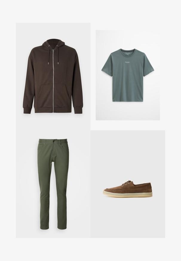 Brun hættejakke med lynlås, snøre i hætten, forlommer, ribstrikkede manchetter og blød stofstruktur. Enkel design med minimalistiske detaljer.; Enkelt afdæmpet grønt kortærmet t-shirt med rund halsudskæring og lille hvid "Marc O’Polo"-logo med tekst centreret under halskanten.; Olivenfarvede bukser lavet af bomuldsblanding, med klassisk lige pasform, fem lommer og metalknaplukning. Glat tekstur.; Brune ruskindssko med lav profil, snørebåndsdesign, gummisål og kontrasterende syninger. Simpel og funktionel stil.