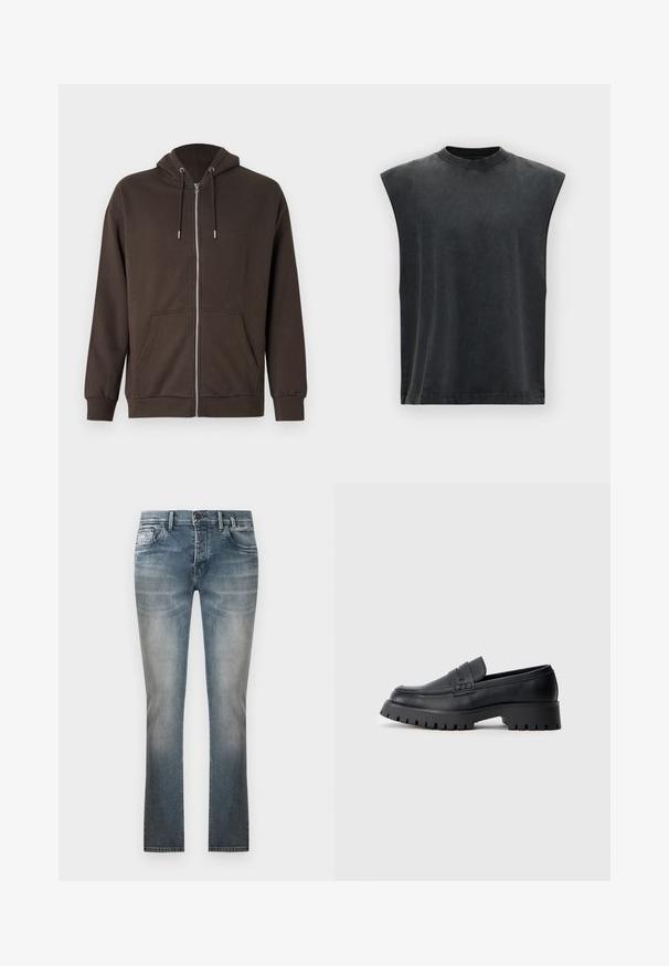 Sweat à capuche marron avec fermeture éclair, capuche à cordon, poches frontales, poignets côtelés et texture de tissu doux. Design simple avec des accents minimalistes.; T-shirt sans manches gris foncé à col rond avec larges épaulières, présenté sur fond blanc.; Jean droit bleu délavé avec poches avant, passants pour ceinture et fermeture par bouton, présenté sur un fond blanc uni.; Mocassins en cuir noir avec un bout arrondi, présentant une sangle décorative et une semelle en caoutchouc épaisse avec de profonds crampons pour une meilleure adhérence.