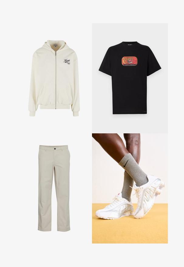 Sudadera con capucha crema con cremallera, capucha, bolsillos delanteros, puños acanalados y un logo en forma de escritura en negro en el pecho izquierdo. Tela suave y texturizada.; Camiseta negra de algodón con un estampado gráfico rojo y amarillo con temática de pesca en la parte delantera. Mangas cortas y cuello redondo.; Pantalones de algodón beige con diseño de pierna recta, bolsillos delanteros y cierre de un solo botón. Textura suave y detalles mínimos de costuras.; Zapatillas Nike en blanco con detalles plateados, con paneles texturizados y perforaciones. Combinadas con calcetines grises acanalados, sobre un fondo amarillo.