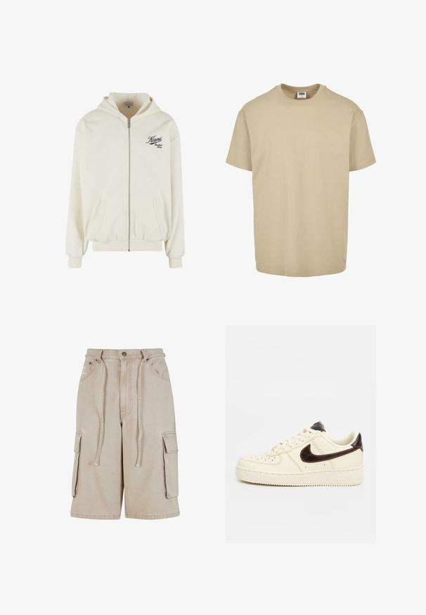 Cremefarbener Kapuzenpullover mit Reißverschluss, Kapuze, vorderen Taschen, gerippten Bündchen und schwarzem Schriftzug auf der linken Brust. Weicher, strukturierter Stoff.; Beige Baumwollt-Shirt mit Rundhalsausschnitt, kurzen Ärmeln und geradem Saum. Glatte Textur, schlichtes Design, ohne Muster oder Akzente.; Beige Cargo-Shorts aus Baumwolle mit einem Kordelzugbund, zwei Seitentaschen und einer einzelnen Seitentasche, mit sichtbaren Nähdetails.; Beiger Low-Top Nike Air Force 1 Sneaker mit schwarzem Swoosh-Logo, beigen Schnürsenkeln und beiger Sohle auf neutralem Hintergrund.