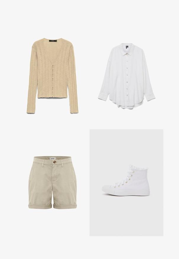 Cardigan beige en maille côtelée avec manches longues, col en V et petits boutons nacrés sur le devant.; Chemise blanche à manches longues avec boutons, col pointu et ourlet arrondi, présentée sur fond blanc uni.; Shorts en coton beiges avec un ourlet retroussé, dotés d'une fermeture à bouton sur le devant et de poches cousues. Texture lisse avec des détails minimes.; Baskets montantes blanches avec bordure en tissu effiloché, lacets blancs passant par des œillets dorés, semelle et bout en caoutchouc.