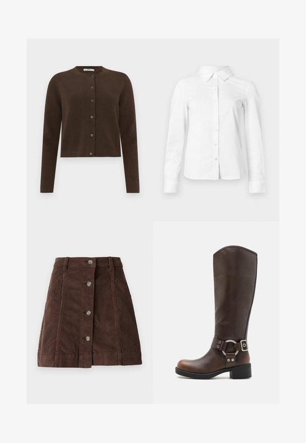 Cardigan en tricot marron avec un col rond, fermeture par boutons et manches longues. Présente une texture douce et de subtils détails côtelés.; Chemise blanche à manches longues avec boutons, col pointu, ourlet droit et silhouette ajustée, présentée sur un fond clair uni.; Jupe A-line en velours côtelé marron avec fermeture à boutons sur le devant et poches latérales, dotée de passants de ceinture et de détails de coutures verticales.; Botte en cuir marron hauteur genou avec un accent en métal rond et une boucle. Tige légèrement texturée, talon empilé et design à bout rond.
