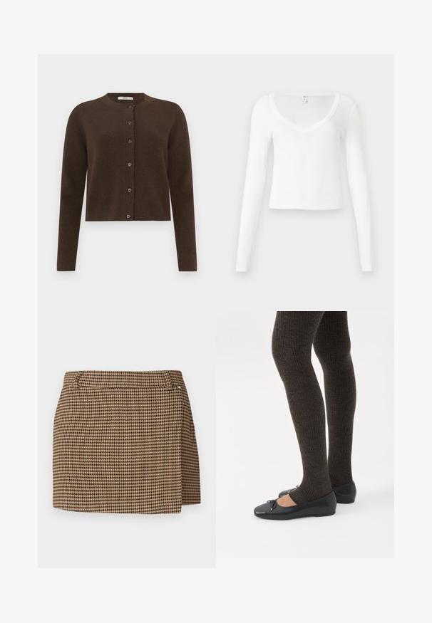 Brun strikket cardigan med rund halsudskæring, knaplukning og lange ærmer. Har en blød tekstur og subtile ribbede detaljer.; Hvid, cropped, tæt siddende V-hals skjorte med lange ærmer og enkel, glat stoftekstur på en neutral baggrund.; Brun og beige houndstooth-mønstereret miniskørt med en lille omslagseffekt og bæltestropper på en hvid baggrund.; Ben iført mørke ribbede leggings kombineret med sorte balletsko med små sløjfedetaljer på hvid baggrund.