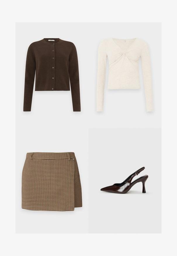 Cardigan en tricot marron avec un col rond, fermeture par boutons et manches longues. Présente une texture douce et de subtils détails côtelés.; Haut à manches longues crème en tissu doux et texturé. Doté d'un col en V et d'un détail torsadé au centre. Design court.; Mini jupe en motif pied-de-poule brun et beige avec un léger détail de drapé et des passants de ceinture sur un fond blanc.; Talons slingback en cuir verni brun avec un bout pointu, un talon fin, et une sangle réglable avec une petite boucle.