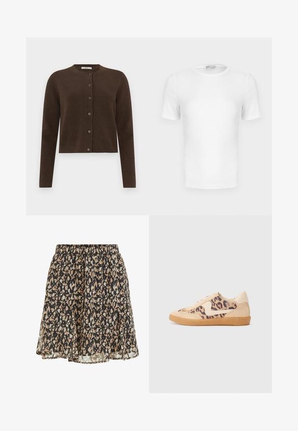 Brun strikket cardigan med rund halsudskæring, knaplukning og lange ærmer. Har en blød tekstur og subtile ribbede detaljer.; Hvid ribstrikket T-shirt med korte ærmer, rund hals og tætsiddende pasform samt en lille mærkeetiket inde i kraven.; Sort nederdel med beige og lysegrå uregelmæssige pletter, elastisk talje og en flydende, let udvidet kant.; Leopardprint sneakers med beige ruskindsoverdel, tan gummisål og hvide detaljer. Rund pegefinger og snørebåndsdesign med en tekstureret finish.