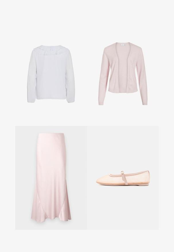 Heled roosa kardigan pehmest kangast, millel on avatud esiosa, pikad varrukad, soonikkoes mansetid ja äär. Sile tekstuur ilma kinnitusteta.; Valge pikakä sleeve blouse ruffles kraega, sile tekstuur ja elastsete mansettidega. Lihtne, puhas disain sobib erinevateks juhtudeks.; Hele roosa satiinist midi seelik A-lõikega ja peente diagonaalõmblustega ühtlasel taustal.; Heledast beež värvi madal king terava varbakujundusega ja ühe külgtihvtiga rihmaga, esitatud lihtsal valgel taustal.