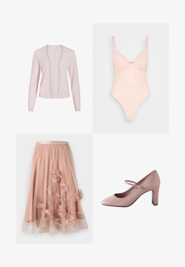 Lichtroze cardigan gemaakt van zachte stof, met een open voorkant, lange mouwen, ribbelboorden en een ribbelzoom. Glad textuur zonder sluitingen.; IN THE STYLE LINGERIE BODYSUIT - Top - rosé; Tule rok in zachtroze met een satijnen tailleband. Voorzien van gelaagde doorschijnende stof en driedimensionale bloemapplicaties verspreid over het geheel.; Roze leren hoge hak met een afgeronde teen, enkelbandje en gegolfde rand. Voorzien van een smalle blokhak voor extra ondersteuning.