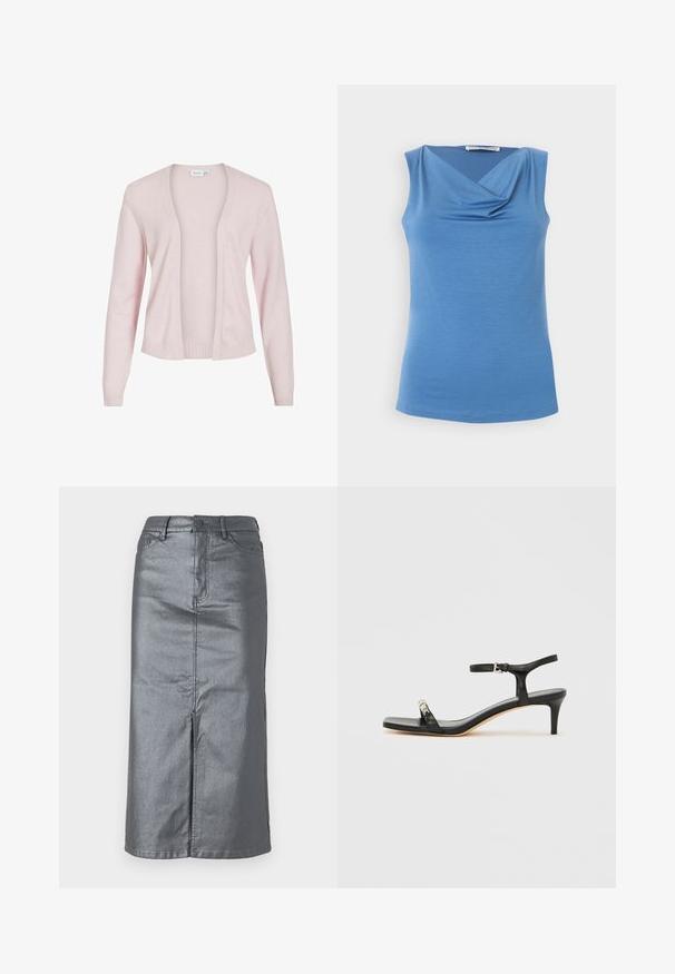 Lyserød cardigan lavet af blødt stof, med åben front, lange ærmer, ribstrikkede manchetter og kant. Glat tekstur uden lukninger.; Ærmeløs lyseblå top med draperet cowl-halsudskæring, figursyet silhuet og glat stof fra Tiger of Sweden.; Metalgrå denim-nederdel med en lige form, for-slids, fem-lomme design og knaplukning i taljen. Flade sømme er synlige.; Sort læder sandal med hæl og ankelrem, åben tå, firkantet front og sølvfarvede metalaccenter. Figurformet design med en slank profil.