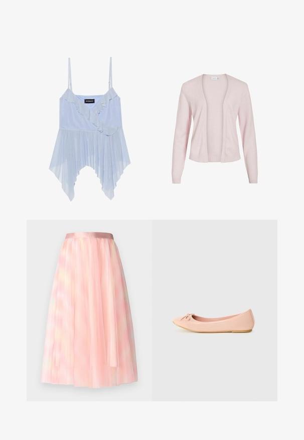 Lyserød cardigan lavet af blødt stof, med åben front, lange ærmer, ribstrikkede manchetter og kant. Glat tekstur uden lukninger.; Even&Odd Top - sky blue; Ida Sjöstedt FLAWLESS SKIRT - A-snit nederdel - pink; Ballet flade sko i lys pink syntetisk materiale med en rund tå, der har en lille sløjfedetalje og en fleksibel sål.