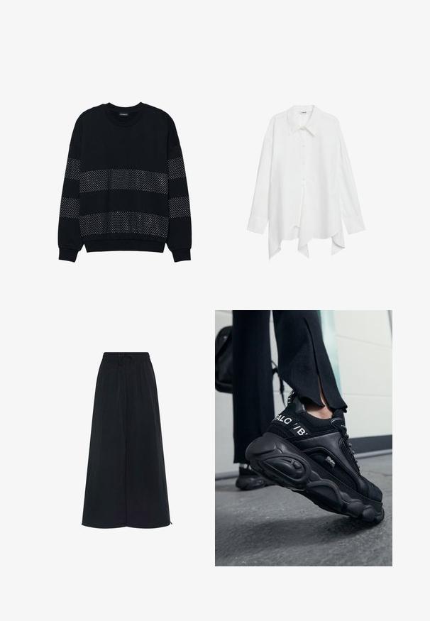 Zwarte sweatshirt met ronde hals, voorzien van horizontale strepen van kleine zilveren studs over de borst en de mouwen. Lange mouwen en geribbelde manchetten.; Witte blouse met lange mouwen, knoopsluiting aan de voorkant, puntige kraag en asymmetrische zoom. Gemaakt van een lichtgewicht, gestructureerde stof.; Zwarte wijdvallende broek met een elastische tailleband en een verstelbaar trekkoord. Gemaakt van een lichte stof met een gladde textuur. Geen zichtbare patronen.; Close-up van een persoon die zwarte Buffalo sneakers met dikke zolen draagt, staand op een grijze betonnen vloer, met zwarte broek en een rugzak.