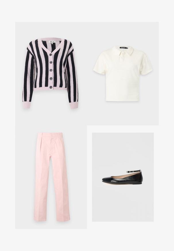 Cardigan en maille à rayures verticales roses et noires, manches longues, cinq boutons noirs sur le devant, col en V.; Polo blanc à manches courtes avec deux boutons et un col, présenté sur un fond clair uni.; Pantalon rose clair à jambes droites avec plis devant et taille haute, présenté sur un fond blanc uni.; Ballerines noires en cuir avec un bout rond, une bride à la cheville et un petit talon. Texture lisse et design minimaliste.