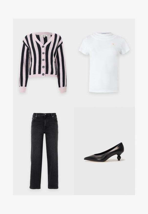 Cardigan en maille à rayures verticales roses et noires, manches longues, cinq boutons noirs sur le devant, col en V.; T-shirt blanc à manches courtes avec un col rond superposé et un petit emblème doré sur la poitrine gauche.; Jean en denim noir avec une coupe droite. Comprend une fermeture à bouton, un design à cinq poches et des détails de couture minimes. Texture lisse.; Chaussure à talon haut en cuir noir avec un bout pointu et un talon arrondi. Texture lisse avec un design épuré et minimal.