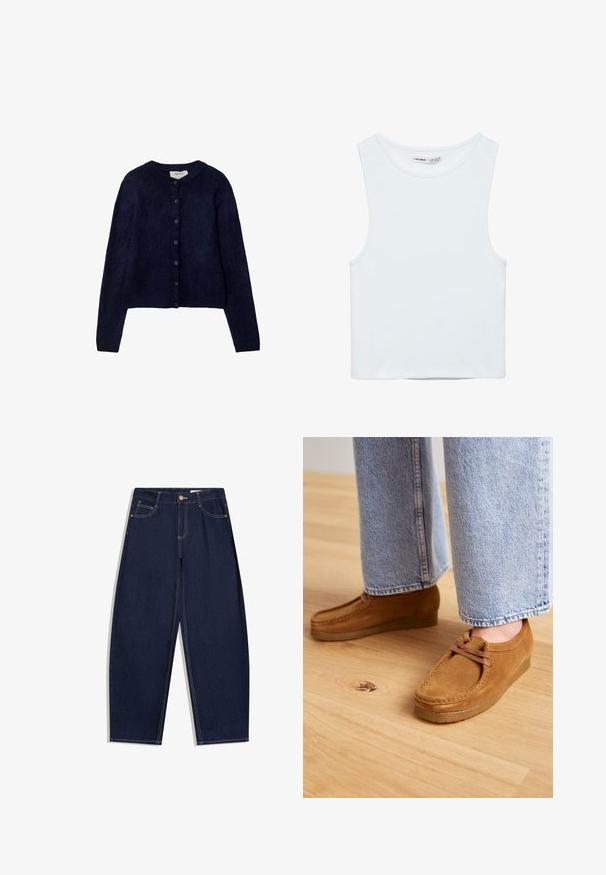 Stradivarius BUTTONED - Cardigan - dark blue; Hvid ærmeløs crop top med rund halsudskæring, lavet af glat stof, mærket Pull&Bear, egnet til afslappet brug.; Mørkeblå denimjeans med løs pasform, fem lommer, knaplukning og kontrasterende gule syninger langs sømmene.; Brune ruskindsko med en rund tå og tanfarvet gummisål, der har et simpelt snørebåndsdesign, parret med lyseblå denimbukser.