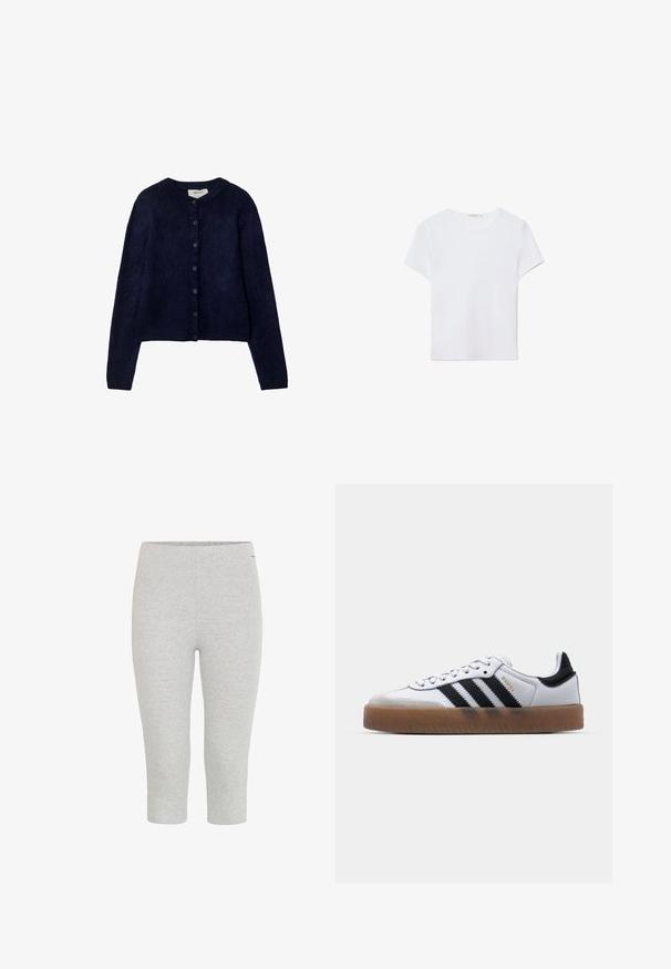 Stradivarius BUTTONED - Cardigan - dark blue; Hvid kortærmet t-shirt lavet af blødt stof. Har en rund halsudskæring og et simpelt, rent design med en lige underkant.; Grå strækbare capri leggings med en glat tekstur og en elastisk talje, der har en tætsiddende pasform uden synlige mønstre eller accenter.; Hvide lædersneakers med sorte striber, gummirubber sål, rund tå, snørelukning og blød grå ruskinds tåhætte.