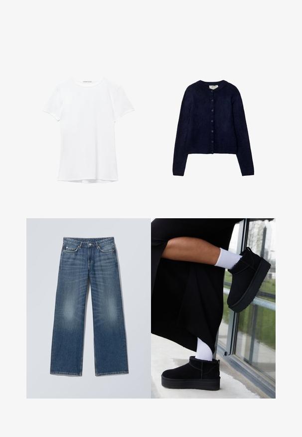Stradivarius BUTTONED - Gilet - dark blue; T-shirt blanc à manches courtes en tissu lisse, avec un col rond et de subtils détails de couture à l'ourlet.; Jean en denim bleu à jambes droites avec cinq poches, passants pour ceinture, fermeture par boutons et décoloration sur les cuisses avant.; Bottines en cuir suédé noir à semelle plate, avec une languette arrière, portées avec des chevilles blanches sur un fond minimaliste.