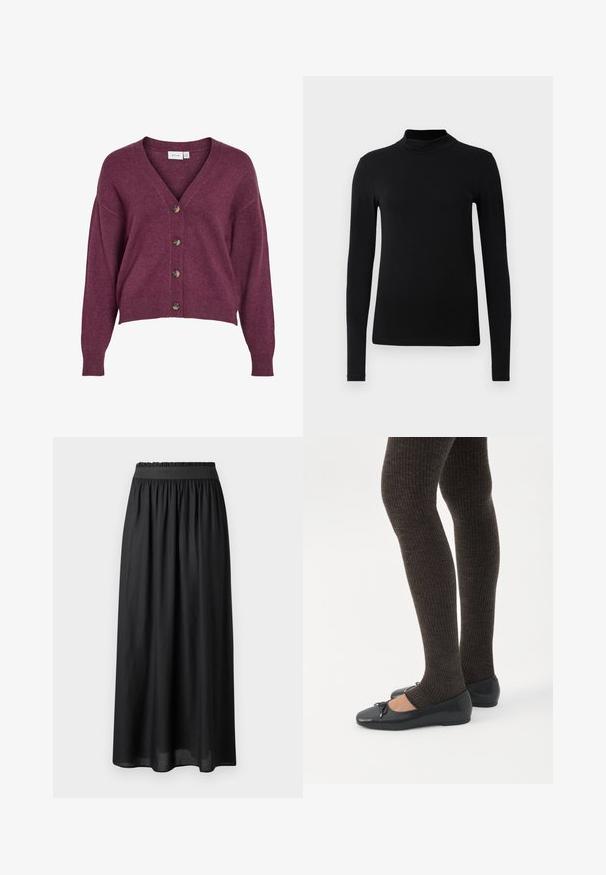 Burgunderfarvet cropped cardigans med V-udskæring, fem brune knapper og lange ærmer med ribbede manchetter og kant i blødt strikmateriale.; Sort langærmet turtleneck skjorte lavet af glat stof; tætsiddende design med høj krave og ingen synlige sømme. Enkel, ensfarvet.; Sort mid-længde nederdel lavet af letvægtsstof, med elastisk talje og en svævende silhuet med en glat tekstur.; Ben iført mørke ribbede leggings kombineret med sorte balletsko med små sløjfedetaljer på hvid baggrund.