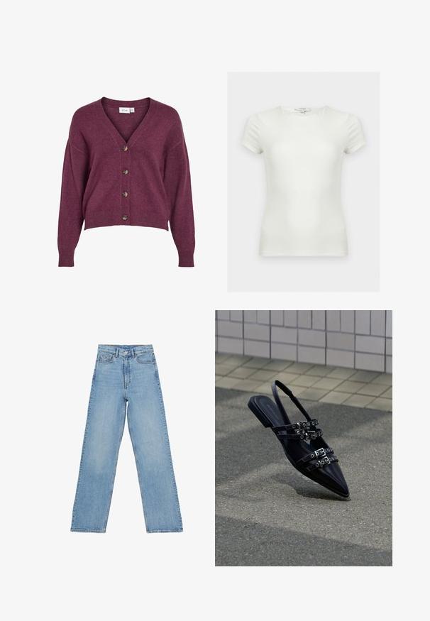 Burgunderfarvet cropped cardigans med V-udskæring, fem brune knapper og lange ærmer med ribbede manchetter og kant i blødt strikmateriale.; Plain hvid tætsiddende t-shirt med korte ærmer og rund halsudskæring, vist på en neutral baggrund.; Lys blå denim jeans med høj talje, lige ben-design, der har fem lommer og en knaplukning. Ingen synlige mønstre.; Sort flad sandal med spids tå, flere remme med spænder og slingback, placeret over et belagt underlag og flisevæg som baggrund.