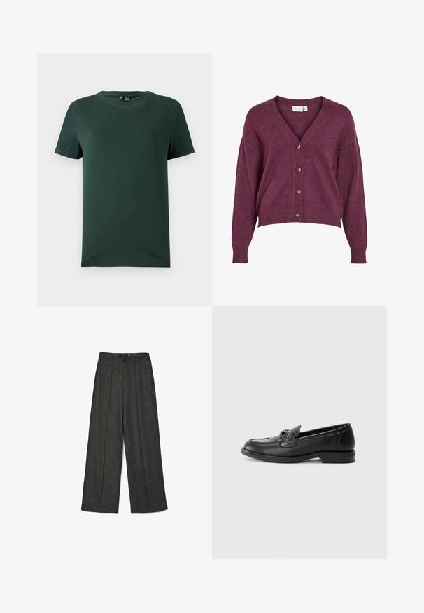 Cárdigan corto burdeos con escote en V, cinco botones marrones y mangas largas con puños y dobladillo acanalados en material de punto suave.; Camiseta de manga corta verde oscura con cuello redondo, hecha de un tejido suave y liso. Presenta puños enrollados y un corte relajado.; Pantalones de pierna ancha en gris oscuro, confeccionados con un tejido texturizado, que presentan una cintura alta y dos pliegues frontales para un detalle de diseño adicional.; Mocasines de cuero negro con puntera redondeada, un diseño cosido y un acento de lazo en la parte delantera. Tacón bajo de bloque y textura suave.
