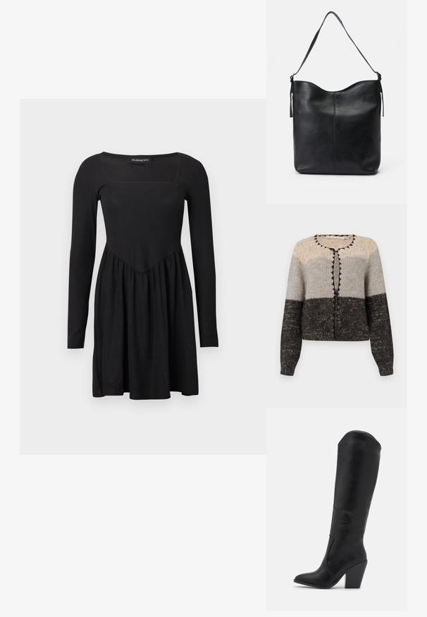 Strickjacke in Beige, Grau und Schwarz. Mit rundem Halsausschnitt, Knopfverschluss vorne und kontrastierenden schwarzen Details am Rand.; Schwarzes Kleid mit langen Ärmeln, einem quadratischen Ausschnitt, einem taillierten Oberteil und ausgestelltem Rock, das eine glatte Textur und ein minimalistisches Design aufweist.; RAID LAKELYN - High Heel Stiefel - black; Schwarze Leder-Schultertasche mit glatter Oberfläche, abgerundetem Deckel, einem einzigen Gürtel und minimalistischem Design ohne sichtbare Hardware.