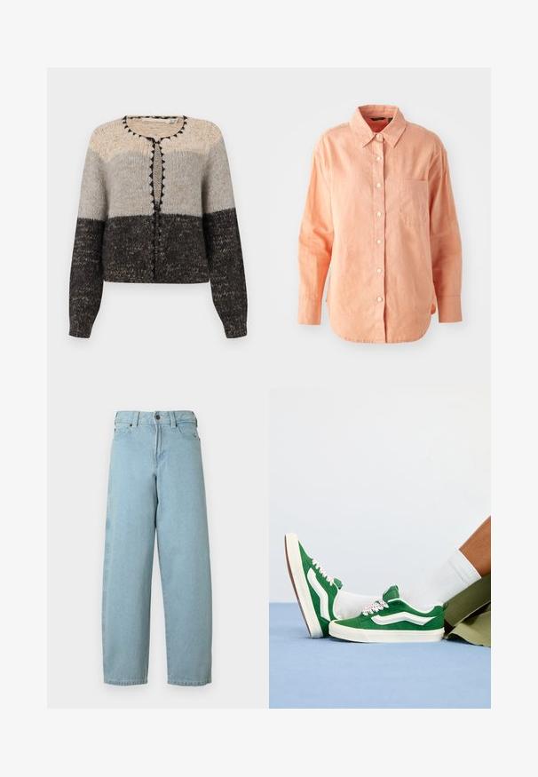 Gilet tricoté en beige, gris et noir. Il dispose d'un col rond, d'une fermeture à boutons à l'avant et de détails contrastants noirs le long du bord.; Chemise à manches longues, boutonnée, en tissu pêche clair. Elle présente un col classique, une poche sur le devant et un ourlet arrondi, avec une finition texturée.; Jean en denim bleu clair à coupe décontractée, jambes droites, design à cinq poches et fermeture par bouton métallique à la taille.; Baskets en daim vert avec des accents blancs, lacets texturés avec des détails roses et une semelle en caoutchouc beige, portées avec des chaussettes blanches et un short vert.