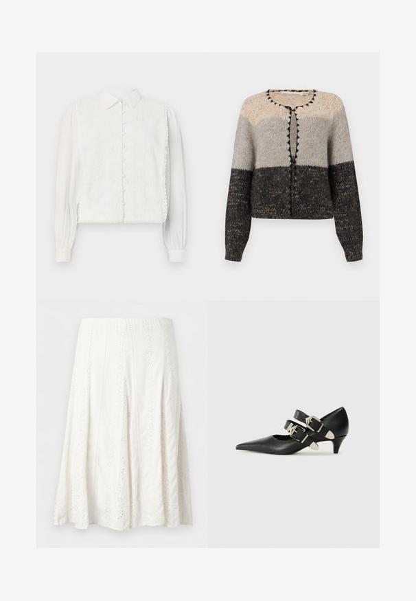 Beige, hall, ja musta värvi kuduma särk. Omab ümmargust kaelust, esimest nööbikinnitust ja kontrastset musta detaili ääres.; Valge pluus, millel on krae, nööbiga kinnitamine ja lilleline pitsist paneel ees. Pikad varrukad koos kogutud mansettide ja laineliste äärtega.; Valge midi-pikkusega seelik, millel on vertikaalsed silmalaugupitsist panelid ja väljavenitatud ääreosa.; Replay CECILE DOUBLE - Klassikalised kontsakingad - black
