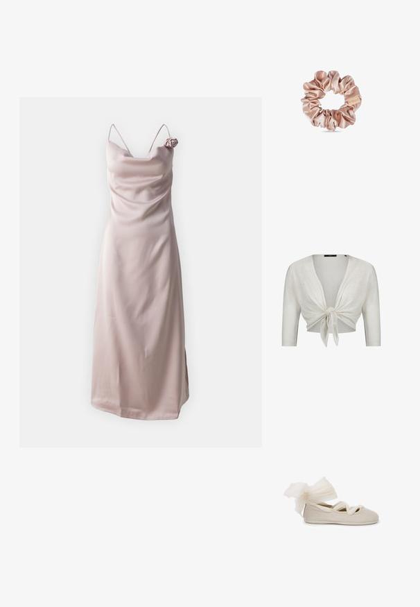 Cardigan blanc court avec manches trois-quarts, noué devant, en tissu tricot léger.; Robe fluide en satin de couleur rose pâle avec des fines bretelles et un décolleté drapé, ornée d'une accent en forme de rose sur l'épaule gauche.; Ballerines beige avec une finition texturée, présentant un nœud élégant en tissu transparent au talon et des brides entrecroisées sur le dessus.; Chouchou en satin de couleur rose pâle douce, présentant une texture lisse avec un design froncé, offrant de l'élasticité et un accent d'étiquette décorative.