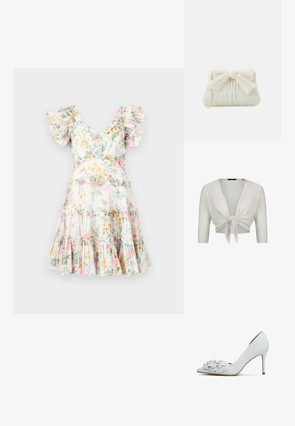 Hvid cropped cardigan med trekvartlange ærmer, bundet i en knude foran, lavet af letstrikket stof.; Blomstret kjole i let stof, med flæset ærmer, dyb V-udskæring og lagdelt nederdel med pastelblomster og matchende flæsede detaljer.; Hvide læder højhælede pumper med spids tå og lagdelt blomsterapplikation detalje foran, samt en slank stiletto hæl.; Hvid plisseret clutch-taske med en fremtrædende sløjfedetalje og en guldkædetras. Blød tekstur med et samlet design på forsiden.
