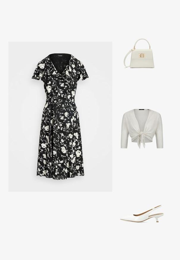 Cardigan blanc court avec manches trois-quarts, noué devant, en tissu tricot léger.; Robe noire avec motif floral blanc, manches courtes, décolleté en V et accents de boutons. Jupe évasée pour un ajustement fluide. Le matériau semble léger.; Escarpin en cuir verni blanc avec un bout pointu, doté d'un petit talon carré et d'un détail découpé à l'arrière. Texture lisse.; Petit sac à main blanc avec poignée supérieure, bandoulière amovible et fermoir rectangulaire doré sur la rabat avant.