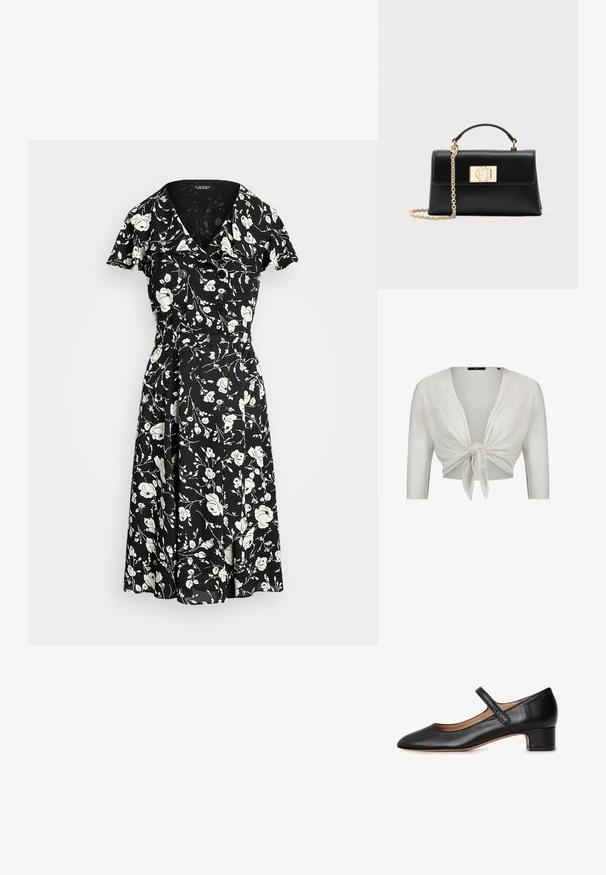 Hvid cropped cardigan med trekvartlange ærmer, bundet i en knude foran, lavet af letstrikket stof.; Sort kjole med hvidt blomstertryk, korte ærmer, V-hals og knapdetaljer. Udflydende skørt for en let og luftigt pasform. Materialet ser let ud.; Sort læder Mary Jane-sko med afrundet tå, lav blokhæl og en central strop. Glat tekstur med minimale accenter.; Sort læderhåndtaske med struktureret form, udstyret med en øverste hank og en guldtonet kæderem. Dekorative guldhardware med logodetalje.